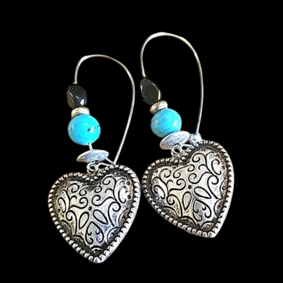 Silver Dangle Etched Heart Earrings, Black and Turquoise - Picture 3 of 3